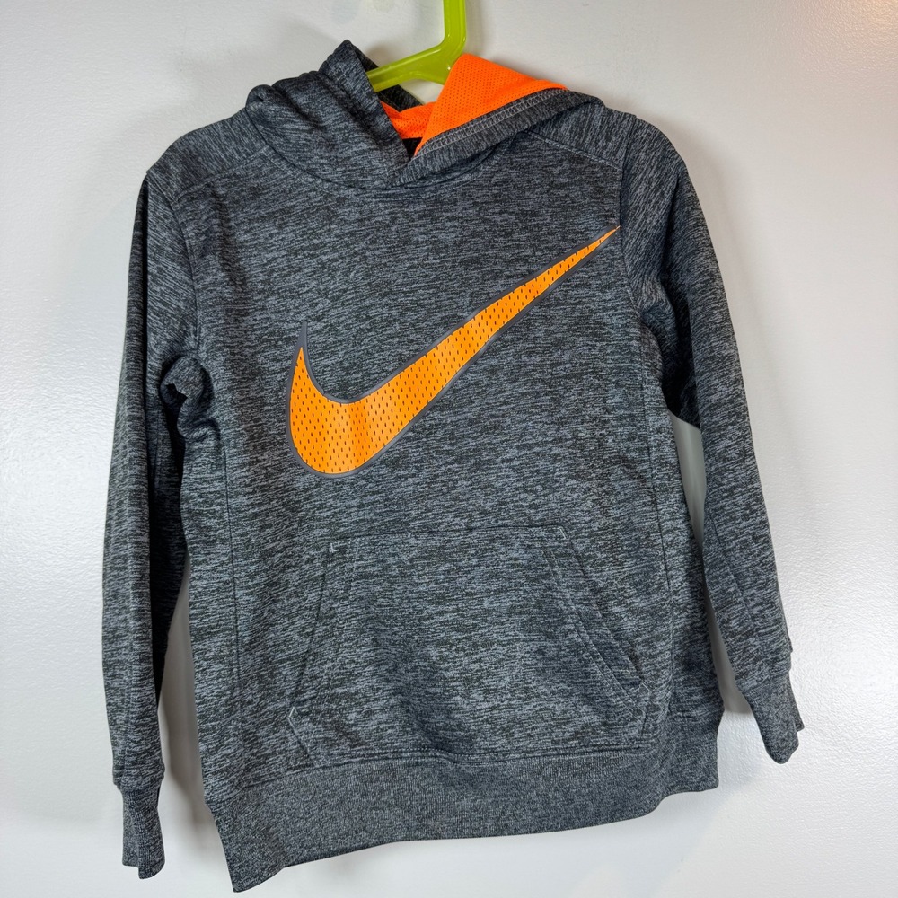 Nike Hoodie Boys 6 Gray Dri-FIT Orange Swoosh Pullover Sweatshirt Athletic